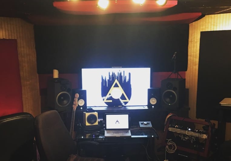 Archive photograph of Atlanta Record Factory studio, with speakers, instruments and acoustic treatment